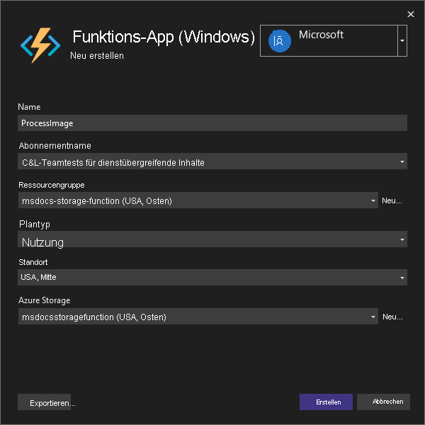 Screenshot: Erstellen einer neuen Funktions-App in Azure.