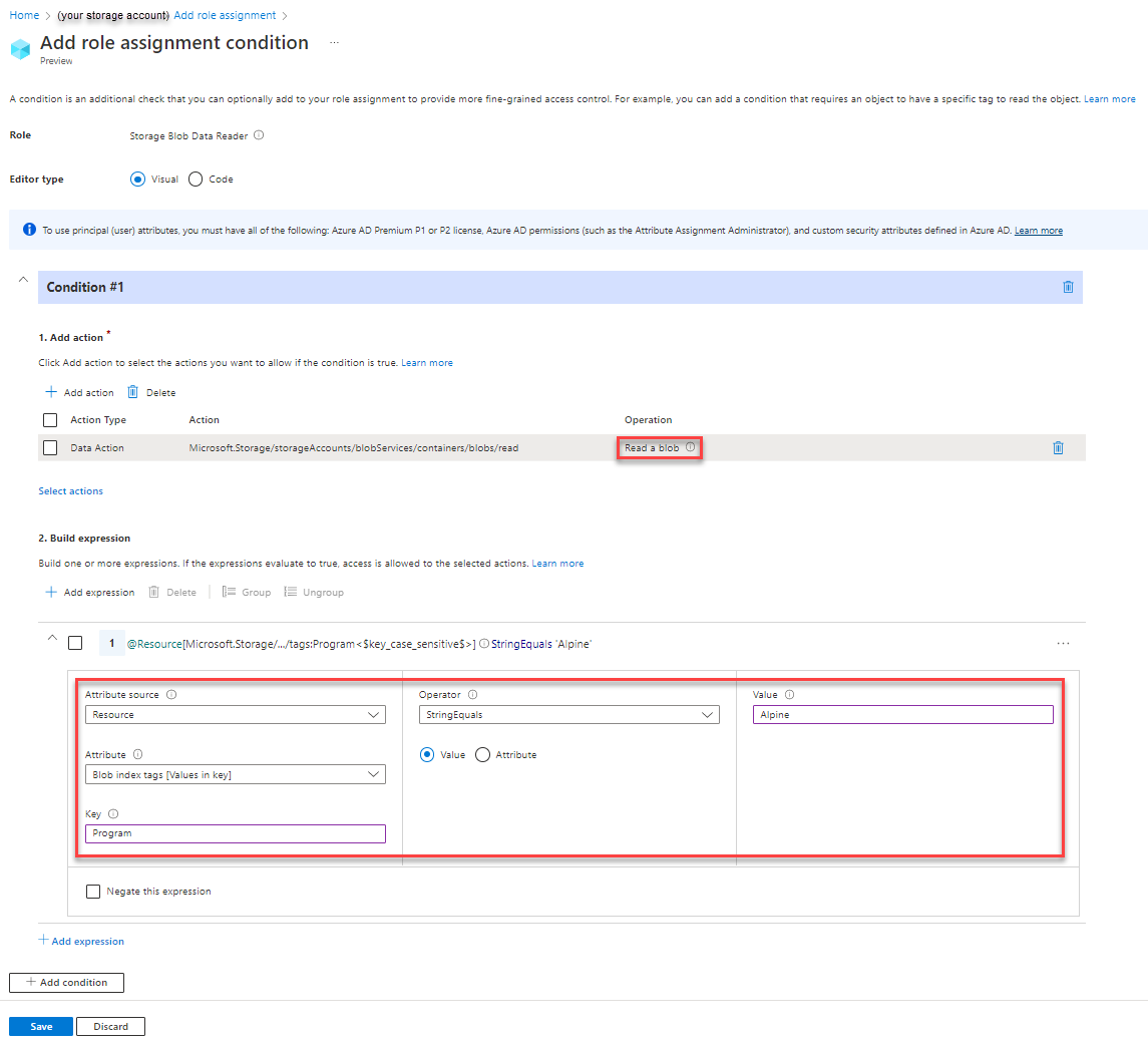 Screenshot der Bedingung&nbsp;1: Editor im Azure-Portal mit Lesezugriff auf Blobs mit einem Blobindextag und einem Pfad.