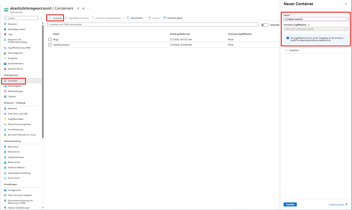 Screenshot zum Erstellen eines Containers im Azure-Portal