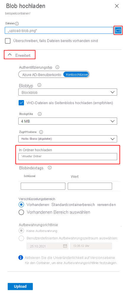 Screenshot, der zeigt, wie sie ein BLOB von Ihrem lokalen Laufwerk über das Azure-Portal hochladen