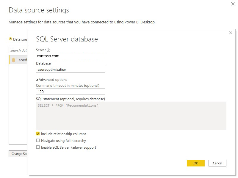 Screenshot der SQL Server-Datenbankverbindungseinstellungen.