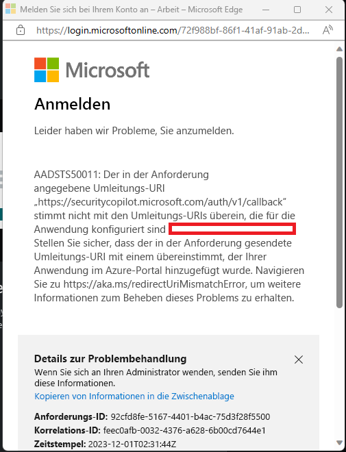 Abbildung der Fehlermeldung.