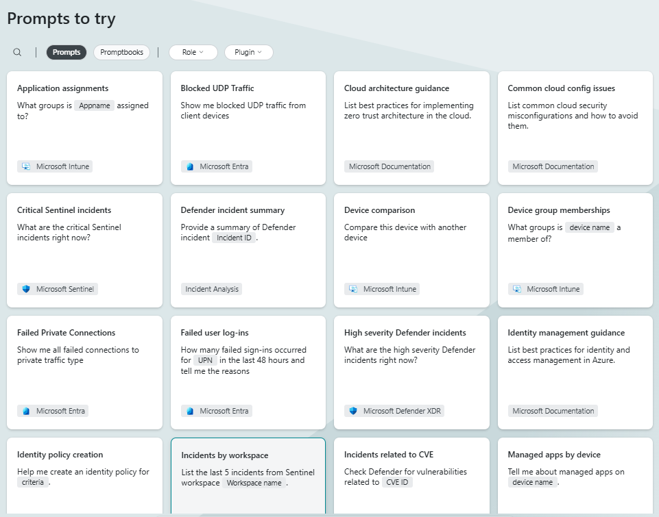 Screenshot der Aufforderungen zum Ausprobieren in Security Copilot.