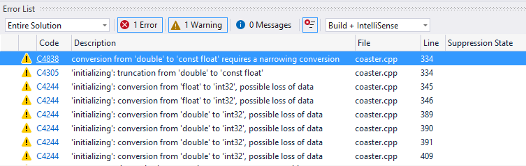 Screenshot des Visual Studio-Fehlerlistenfensters