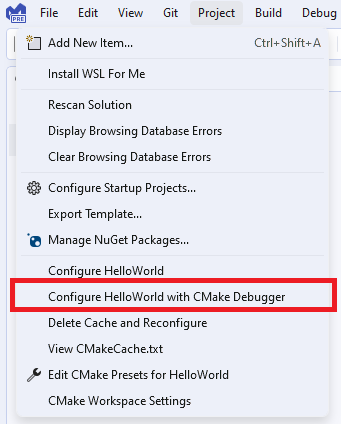 Screenshot des Dropdownmenüs des CMake-Debuggers.