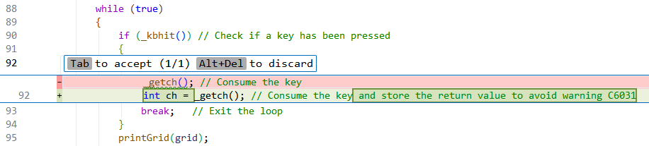 Screenshot der von Copilot vorgeschlagenen Änderungen. Drücken Sie Tab, um zu akzeptieren. Alt+Entf, um zu verwerfen.