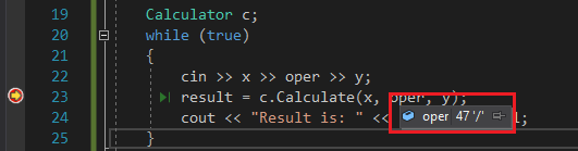 Video, in dem eine QuickInfo veranschaulicht wird, die angezeigt wird, während Sie mit dem Mauszeiger auf die Variable y zeigen. Es zeigt den aktuellen y-Wert an, der 0 ist.