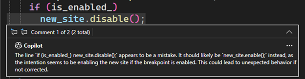 Ein Screenshot des GitHub Copilot zur Erläuterung eines Problems.