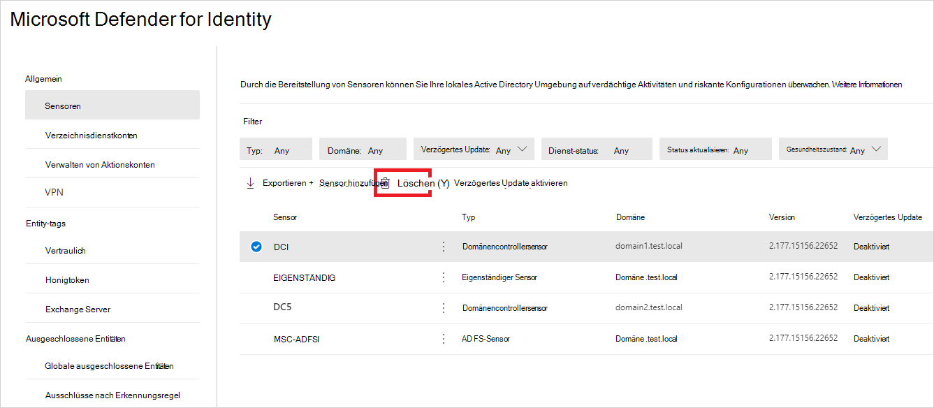 Löschen eines verwaisten Defender for Identity-Sensors von der Seite 