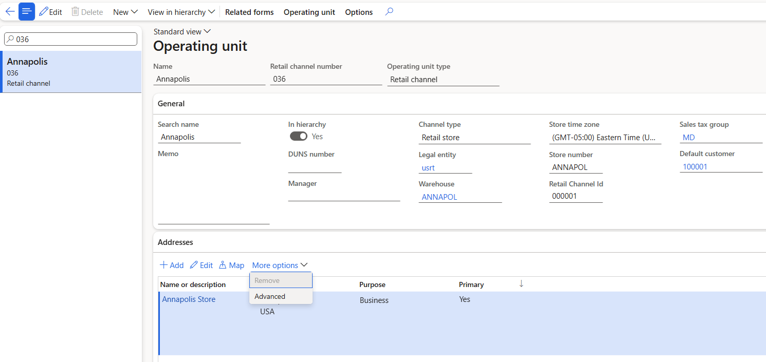 Beispiel für Geschäftsdetails in Headquarters.