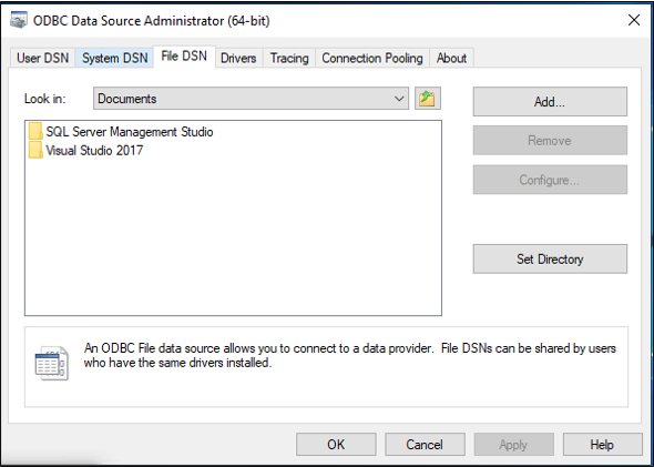 Screenshot, der die Registerkarte „Datei-DSN“ zeigt.
