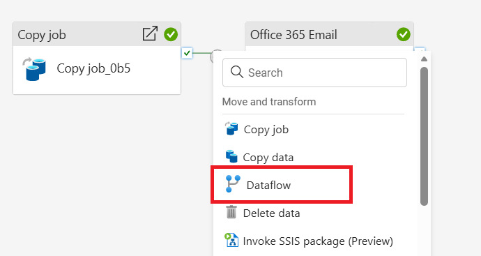 Screenshot der Auswahl von Dataflow aus dem Menü 