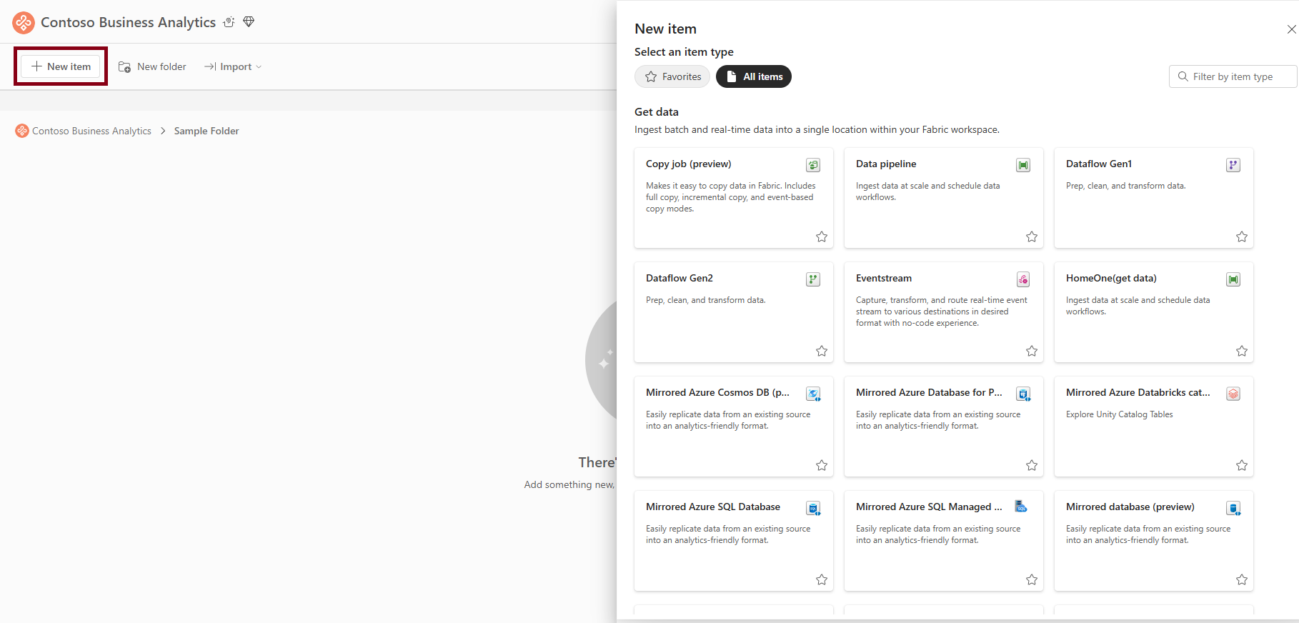 Screenshot mit dem Erstellen eines Elements aus dem neuen Menü in einem Ordner.