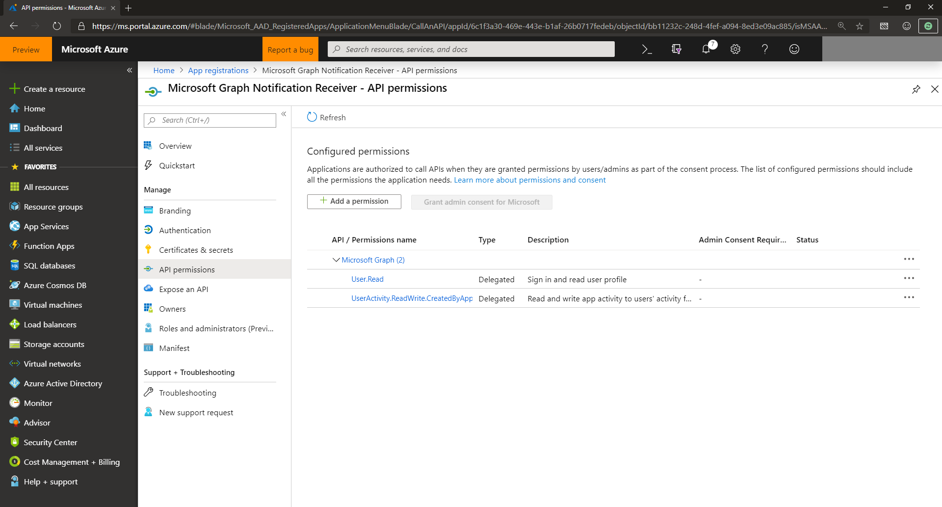 Screenshot: Delegierte Berechtigungen für Benachrichtigungen im Microsoft Entra Admin Center