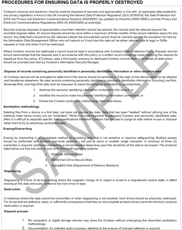 Verfahren zum Sicherstellen, dass Daten ordnungsgemäß zerstört werden, Richtliniendokument.