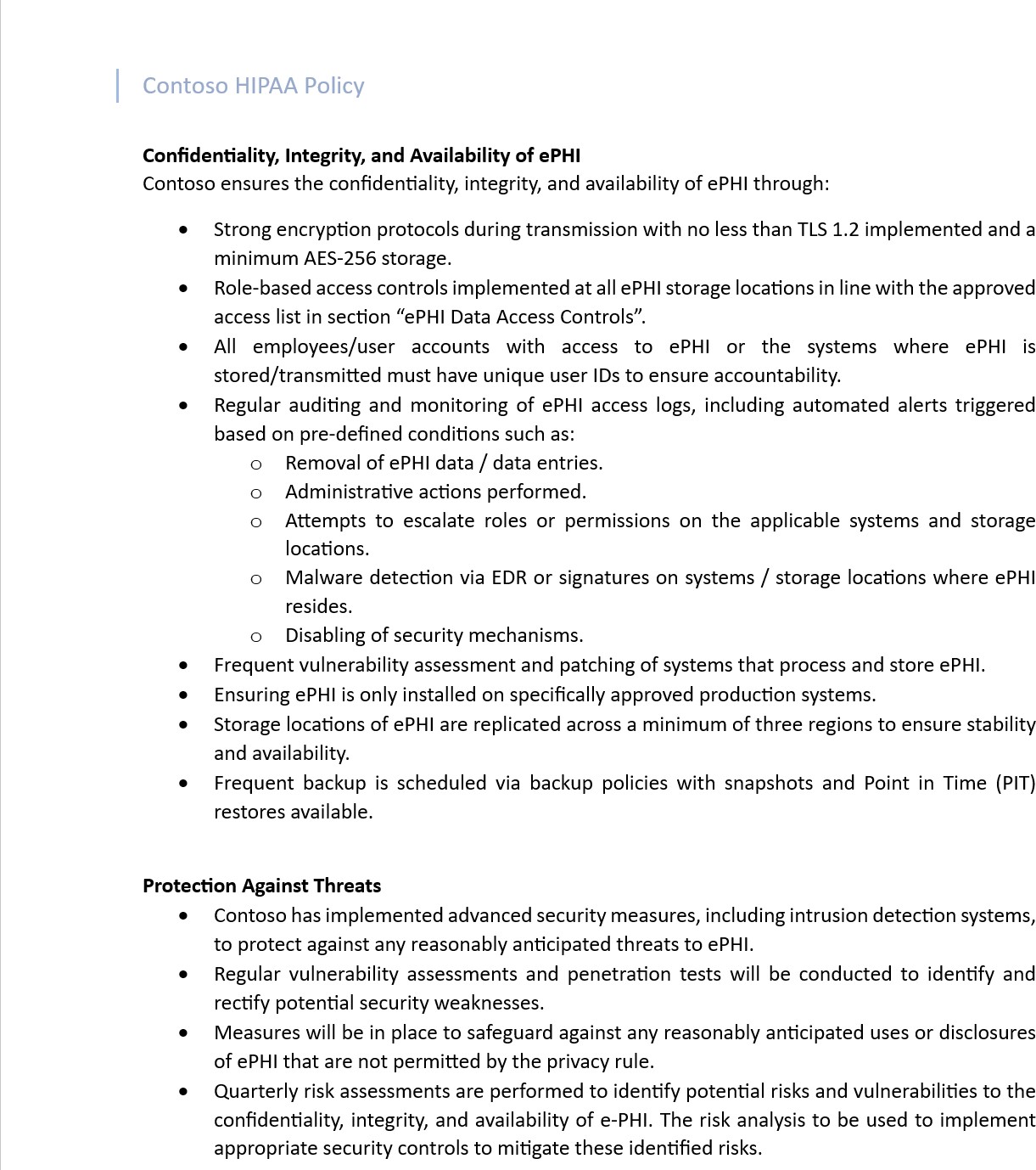 HIPAA-Richtliniendokument, das Vertraulichkeit, Integrität und Verfügbarkeit von ePHI sowie Schutz vor Bedrohungen definiert.