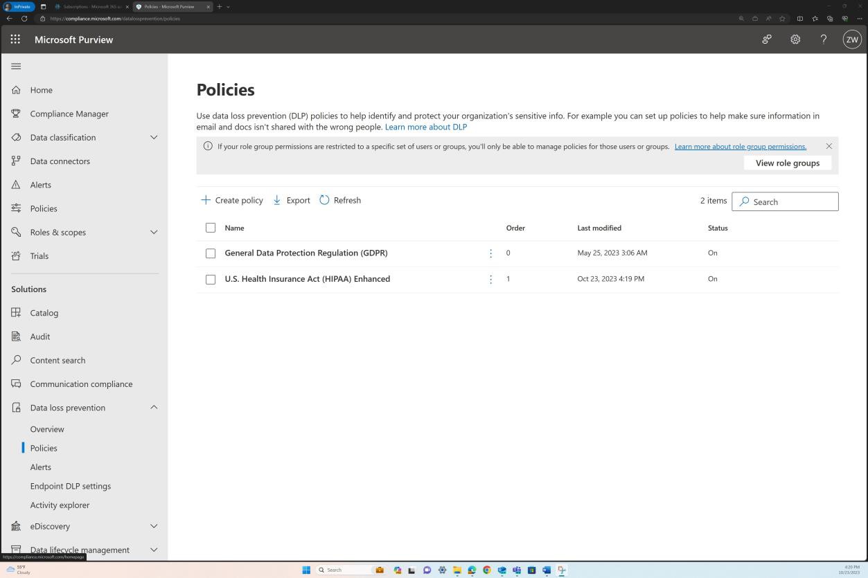 Microsoft Purview-Richtlinienseite mit DSGVO- und HIPAA-Positionen.