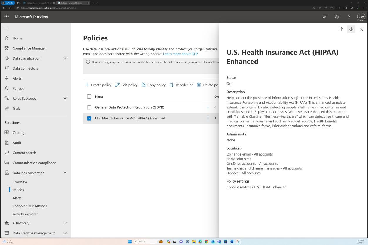 Microsoft Purview-Richtlinienseite mit DSGVO- und HIPAA-Positionen. HIPAA ist ausgewählt, und ein seitenseitiges Popup enthält status, Beschreibung, Speicherorte und Richtlinieneinstellungsdetails.