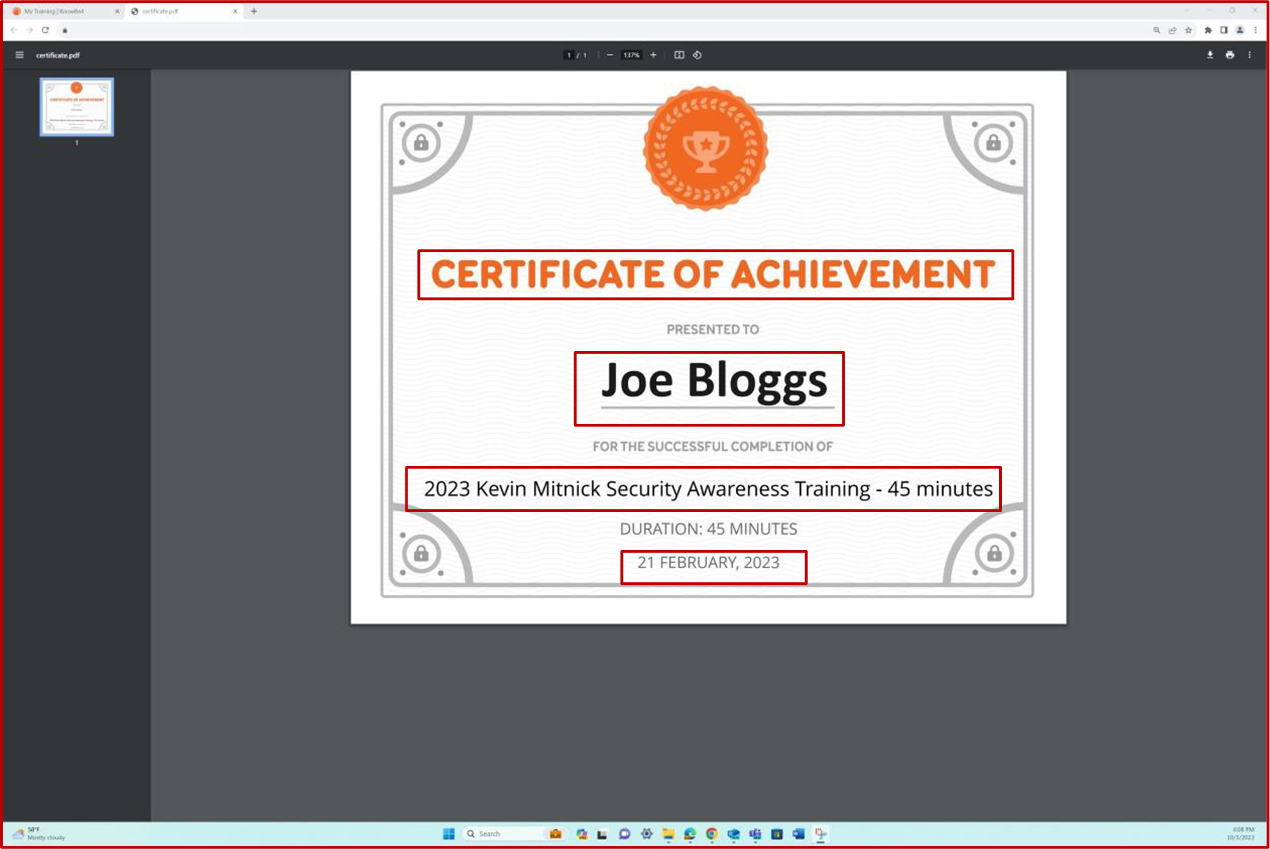 Certificate of Achievement für Den Trainingsabschluss an Joe Bloggs übergeben