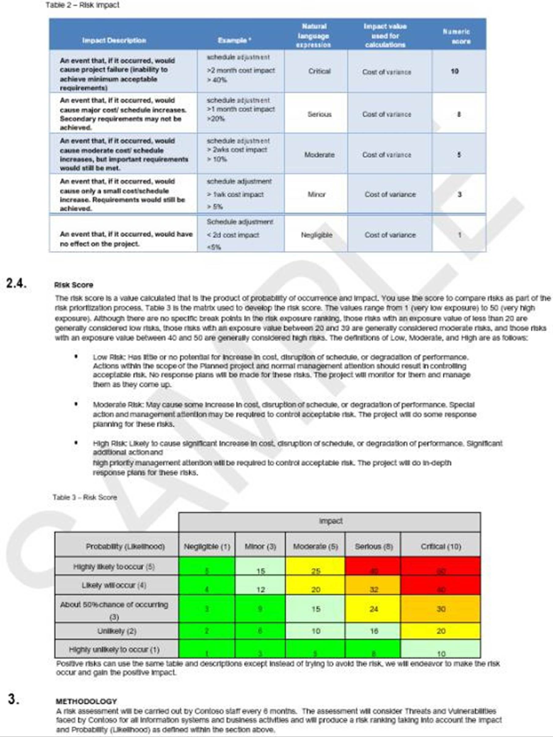 Contoso-Risikomanagement mit Risikowirkungstabelle und Risikobewertungsdefinitionen.