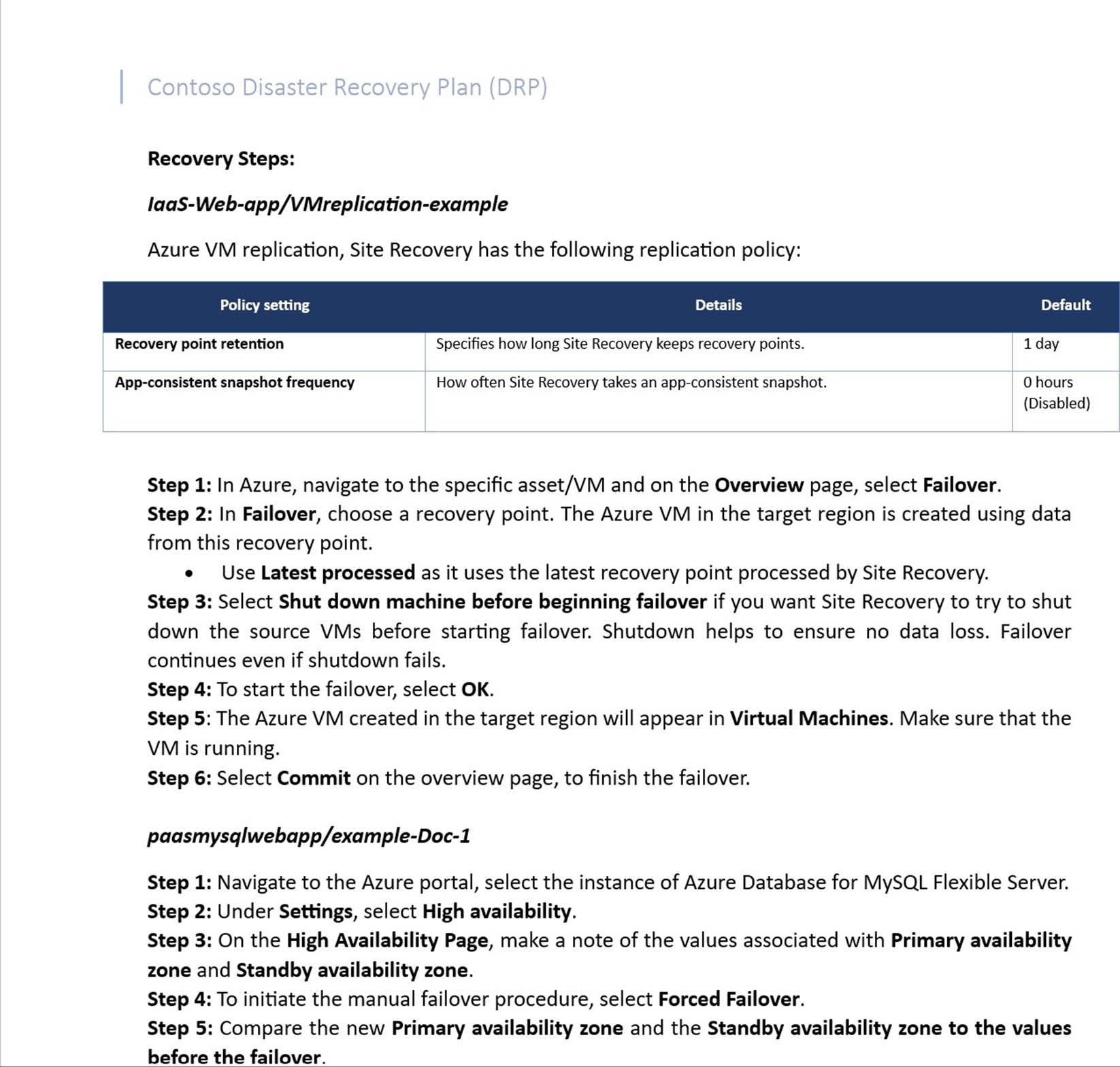 Schritte zur Notfallwiederherstellung von Contoso, einschließlich Azure-VM-Replikation und Standortwiederherstellungsrichtlinie.