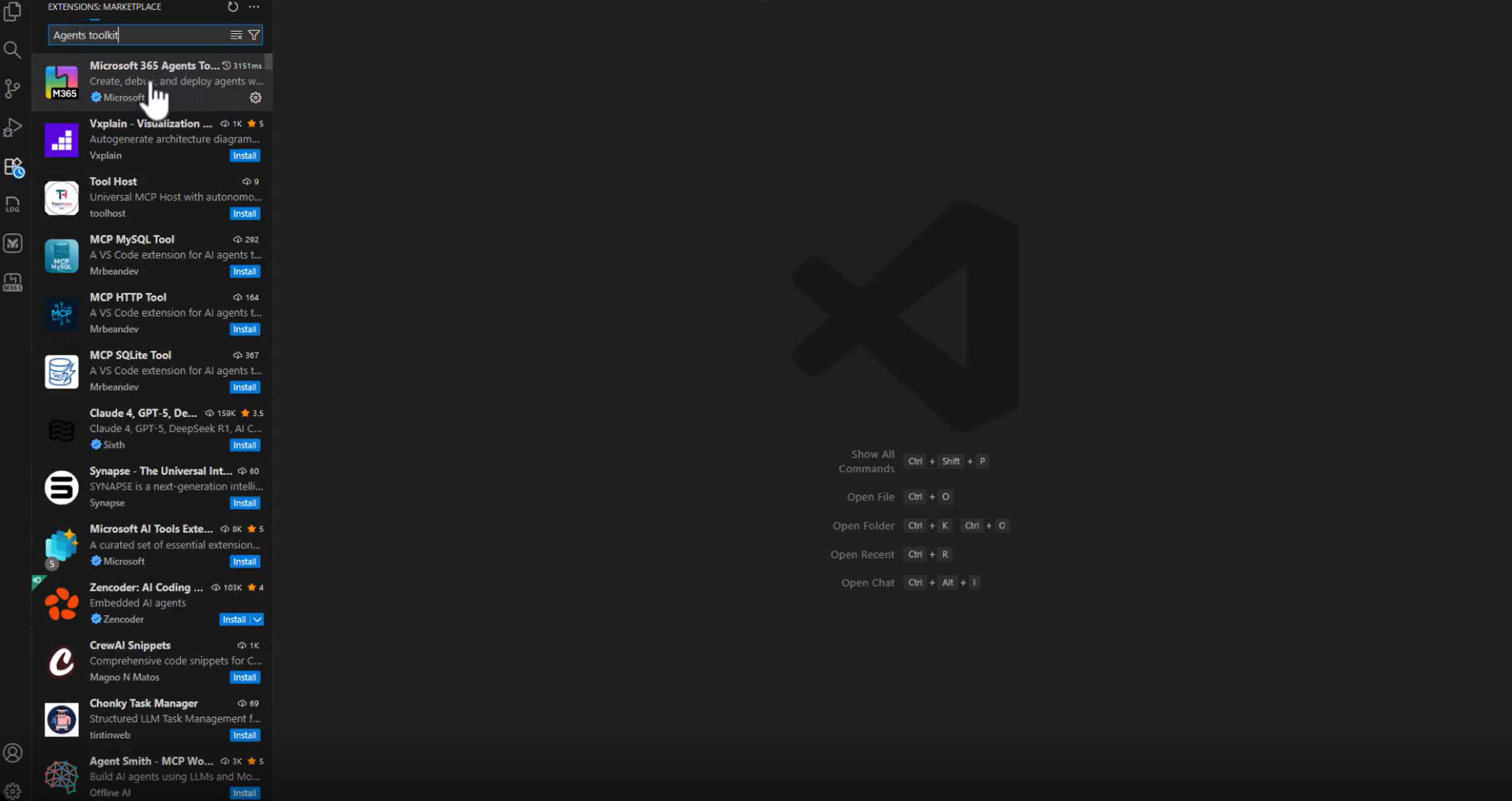 Screenshot der Erweiterungs-Marketplace-Suche nach Agents Toolkit.