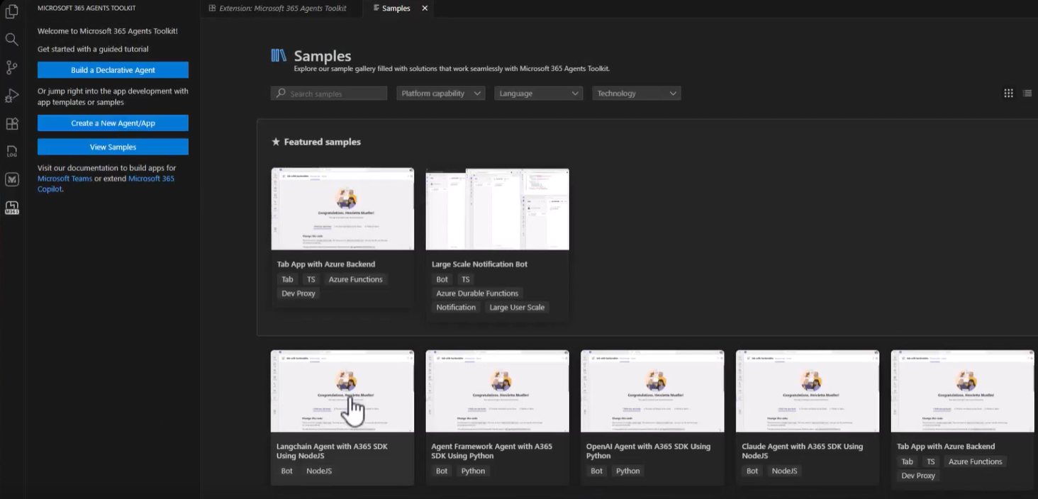Screenshot der Willkommensansicht des Toolkits mit den Optionen „Deklarativen Agent erstellen“, „Neuen Agent oder App erstellen“ oder „Beispiele anzeigen“.