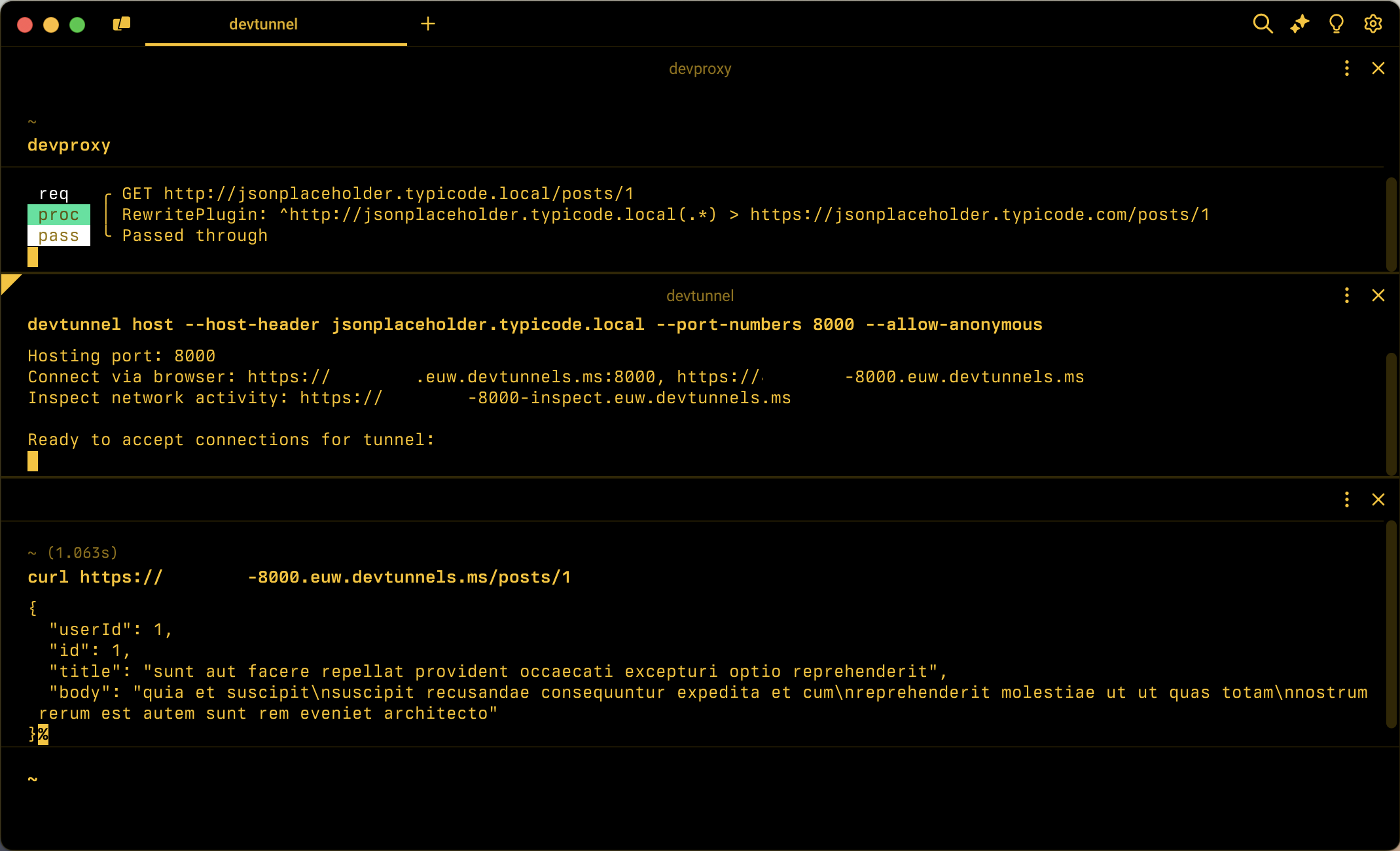 Screenshot der Befehlszeile mit ausgeführtem Dev Proxy und Entwicklertunnel und cURL, das den Entwicklertunnel aufruft.