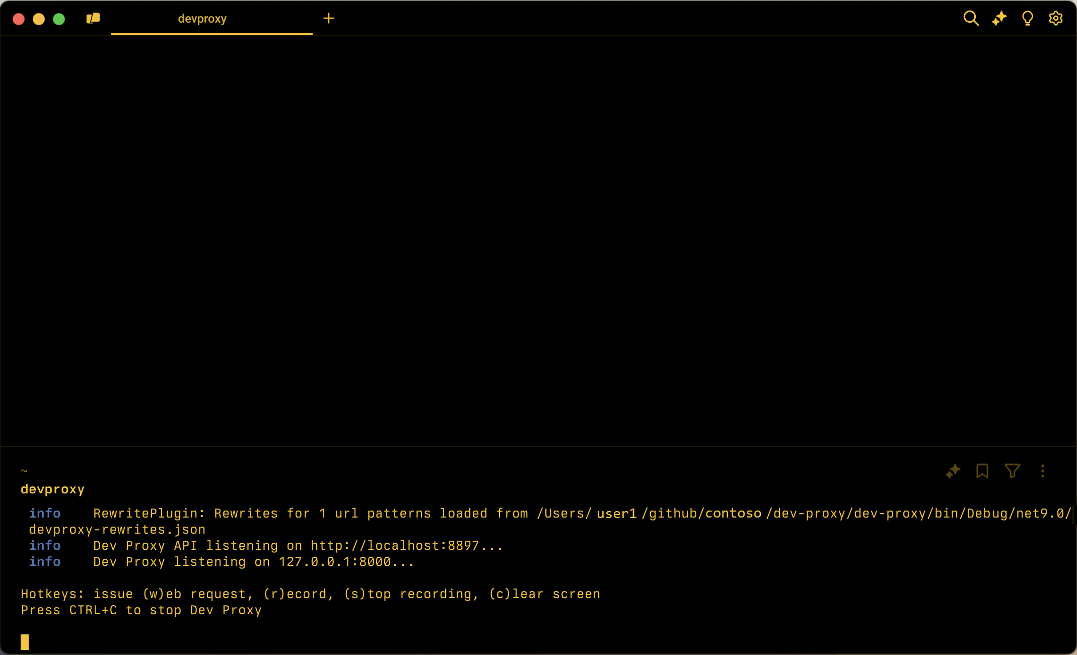 Screenshot der Befehlszeile mit ausgeführtem Dev Proxy.