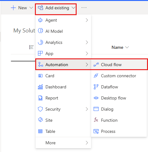 Screenshot des Menüs „Vorhandene hinzufügen“.