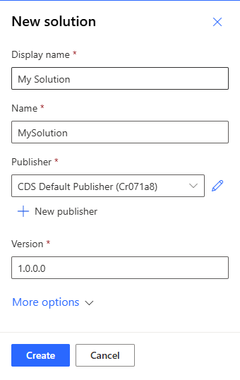 Screenshot des Eigenschaften-Bereichs für eine neue Lösung.