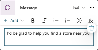 Screenshot eines Nachrichtenknotens im Copilot Studio-Erstellungsbereich