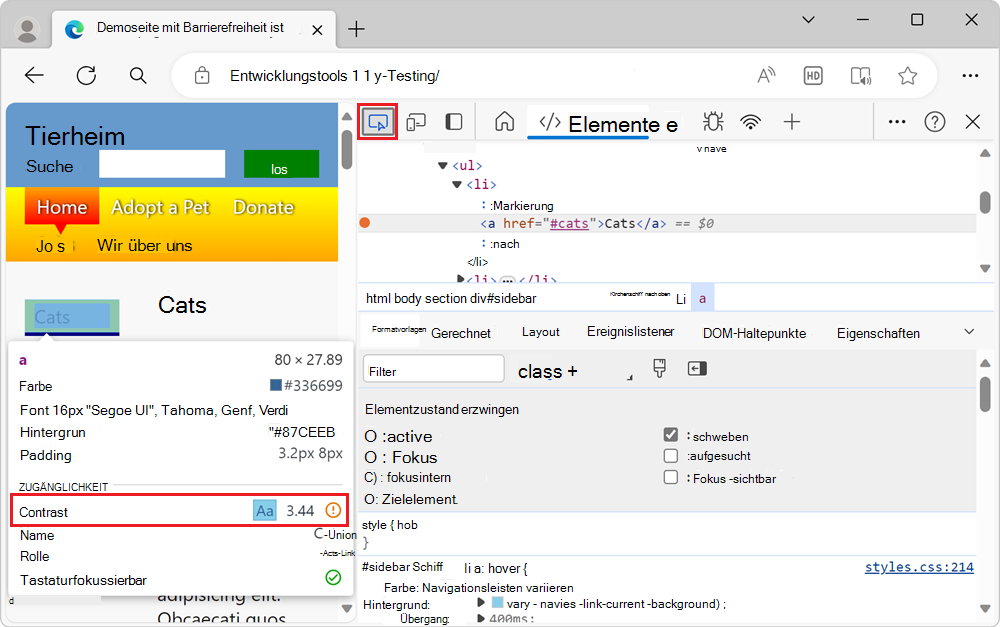 Testen des Kontrasts eines Elements in einem simulierten Hoverzustand