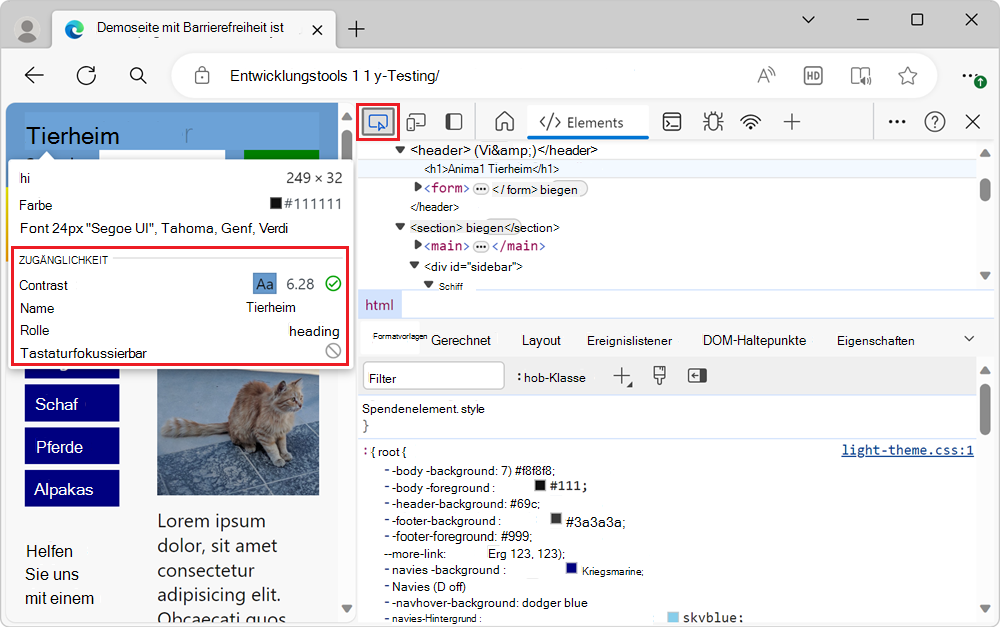 Das Inspect-Tool zeigt den Bereich des Elements als mehrfarbige Überlagerung und die Details des Elements als große Informationsüberlagerung an.