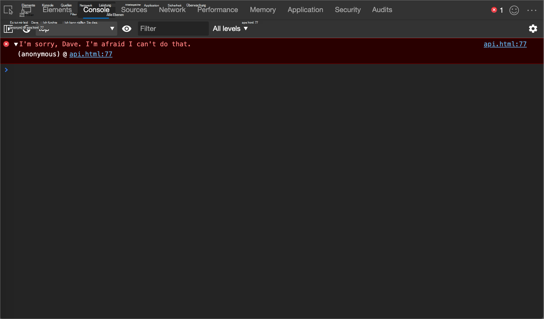 Das Ergebnis des Console.error()-Beispiels