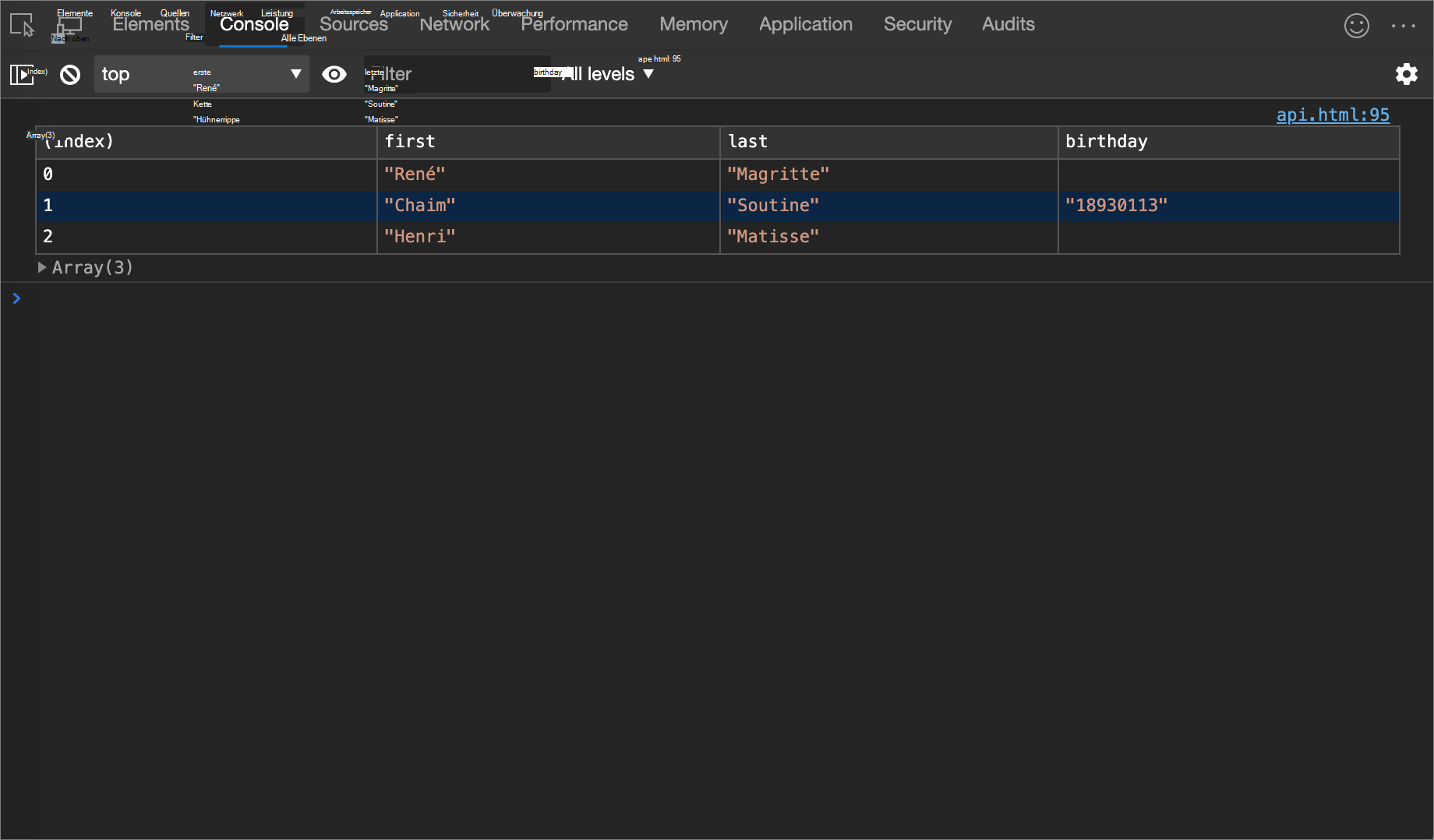 Das Ergebnis des Console.table()-Beispiels