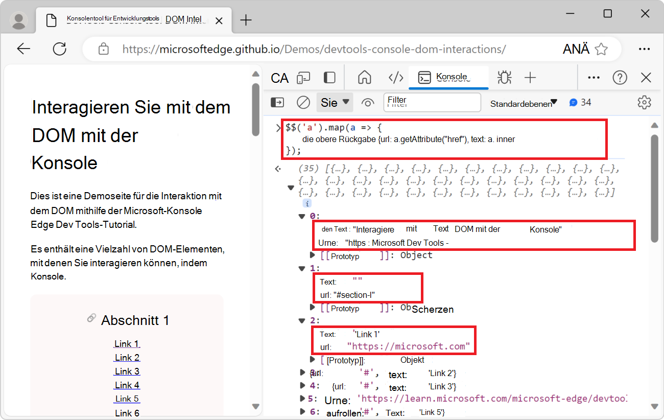 Die Liste der Links auf der Seite mit jedem Linktext und href-Attribut
