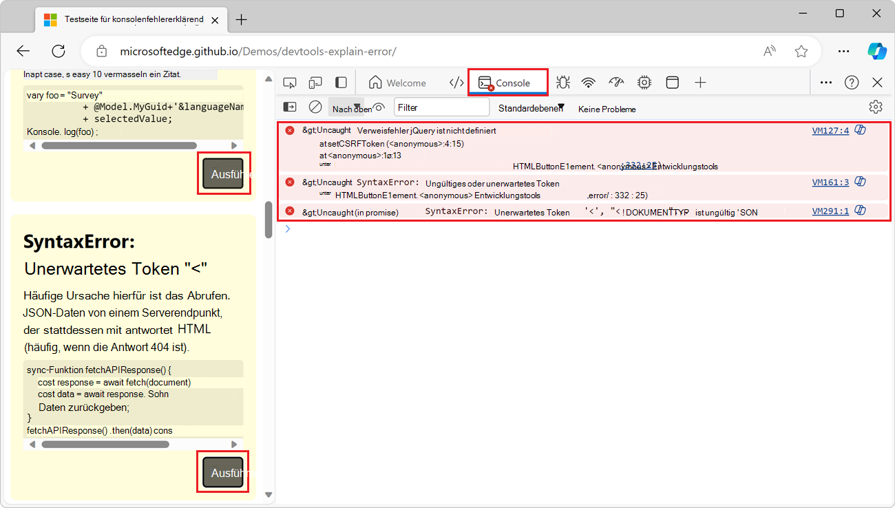 Die Demowebseite in Edge mit der DevTools-Konsole daneben, auf der einige Fehlermeldungen angezeigt werden