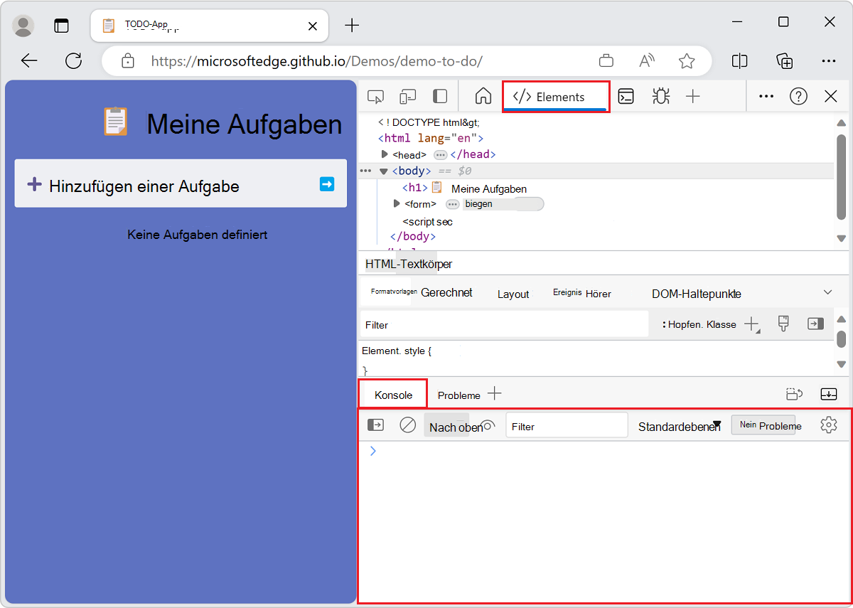 Die Konsole im unteren Bereich mit dem darüber geöffneten Tool 