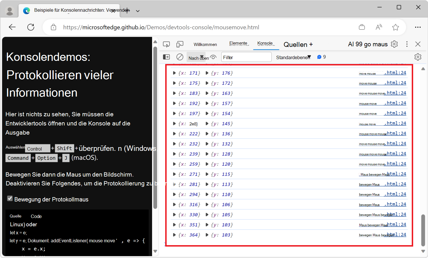 Das Konsolentool zeigt eine überwältigende Anzahl von Meldungen zur Mausposition an.