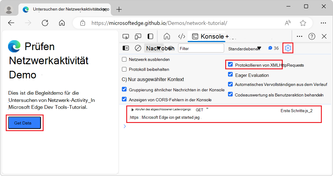 Eine in der Konsole protokollierte Fetch-Anforderung