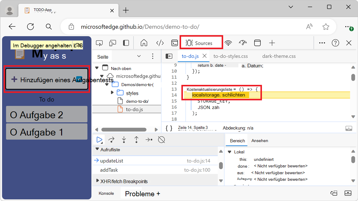 Der Debugger hält innerhalb der updateList()-Funktion an.