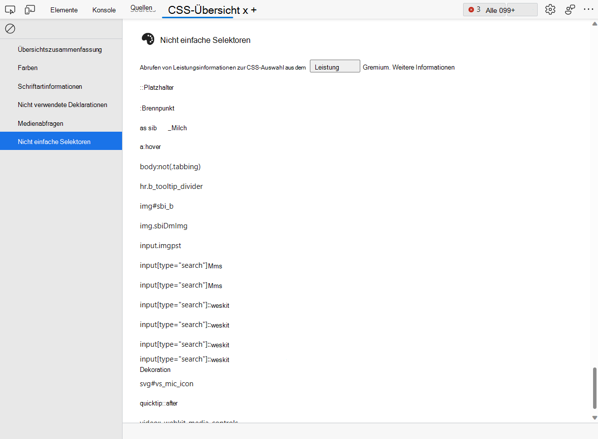 Die Liste der nicht einfachen Selektoren im CSS-Übersichtstool