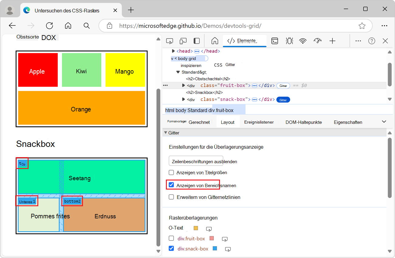 Anzeigen von Bereichsnamen
