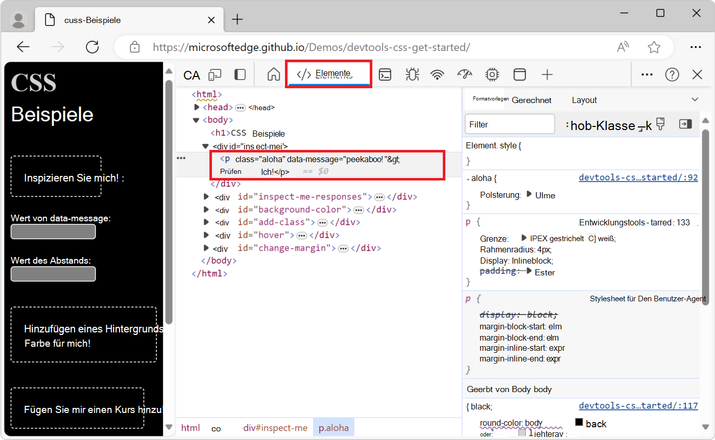 Das überprüfte Element ist in der DOM-Struktur hervorgehoben.