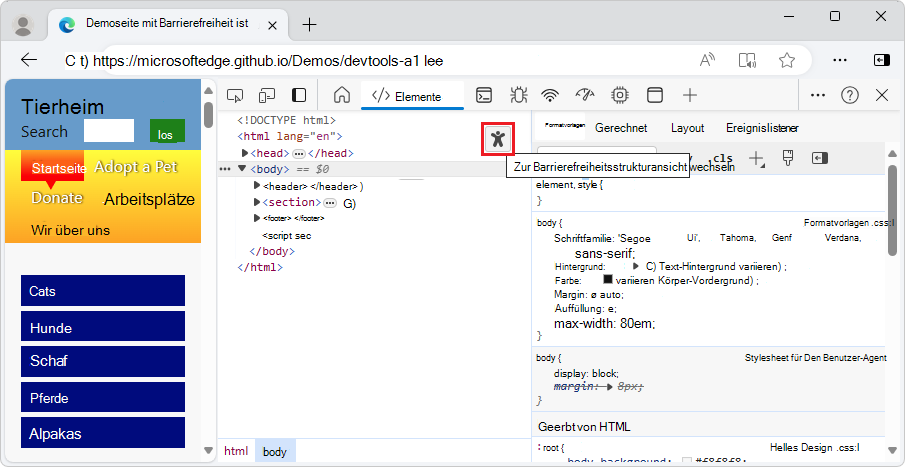 Das Elementtool mit der Schaltfläche 