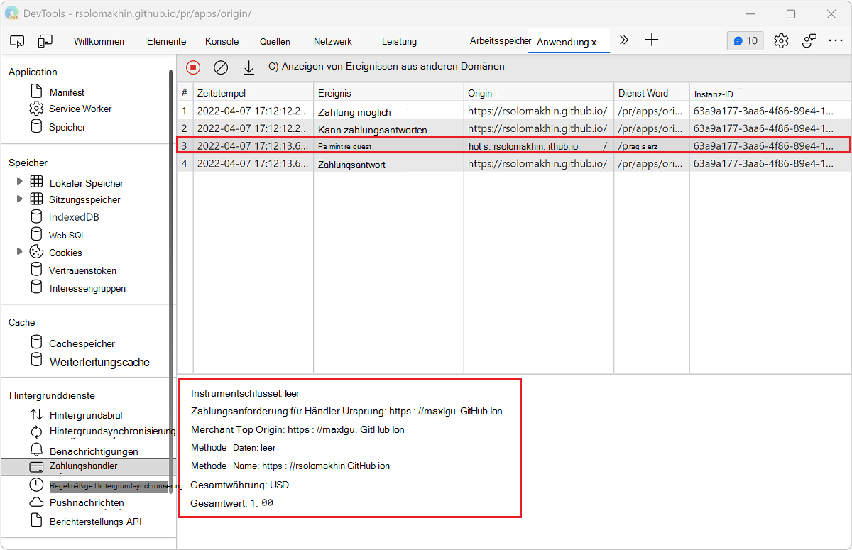 Anzeigen der Details eines Ereignisses im Bereich 