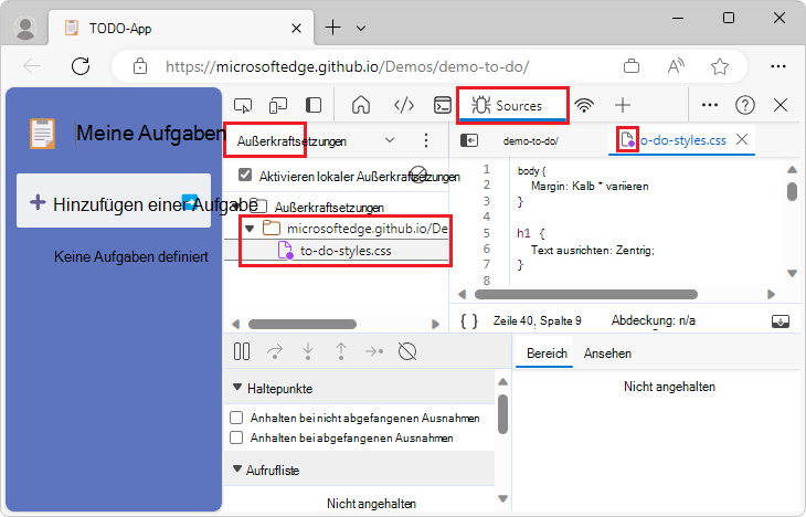 Hinzufügen des Namens der Datei zur Liste der Außerkraftsetzungen im Quellen-Editor