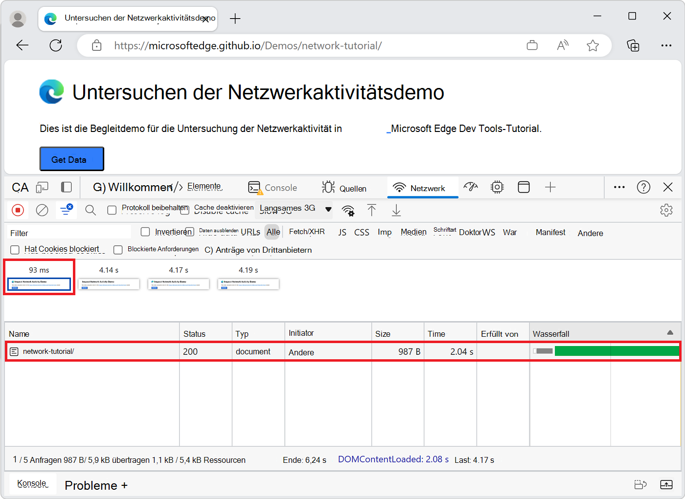 Die Netzwerkaktivität, die während des ersten Screenshots aufgetreten ist