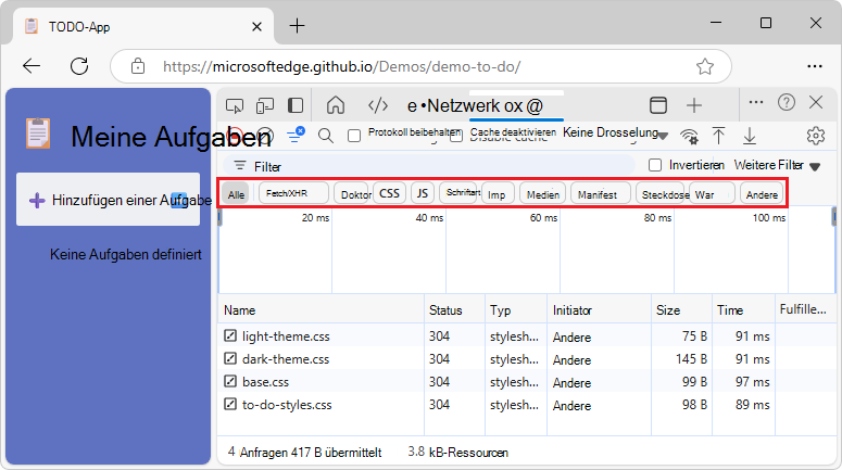 Verwenden der Typfilter zum Anzeigen von JS-, CSS- und Dokumentressourcen
